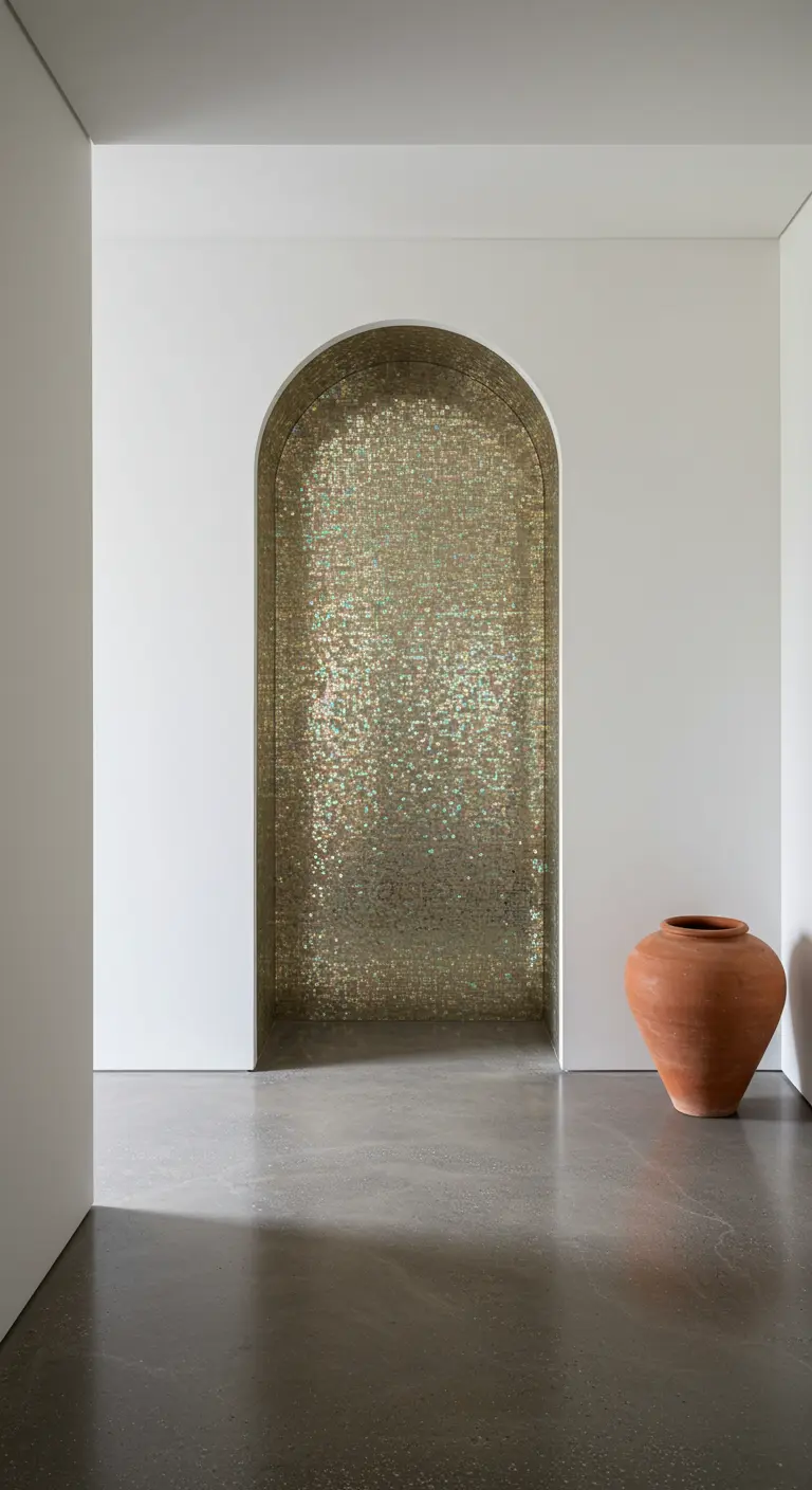 A simple white hallway featuring a tall arched niche lined entirely with shimmering gold mosaic tiles.