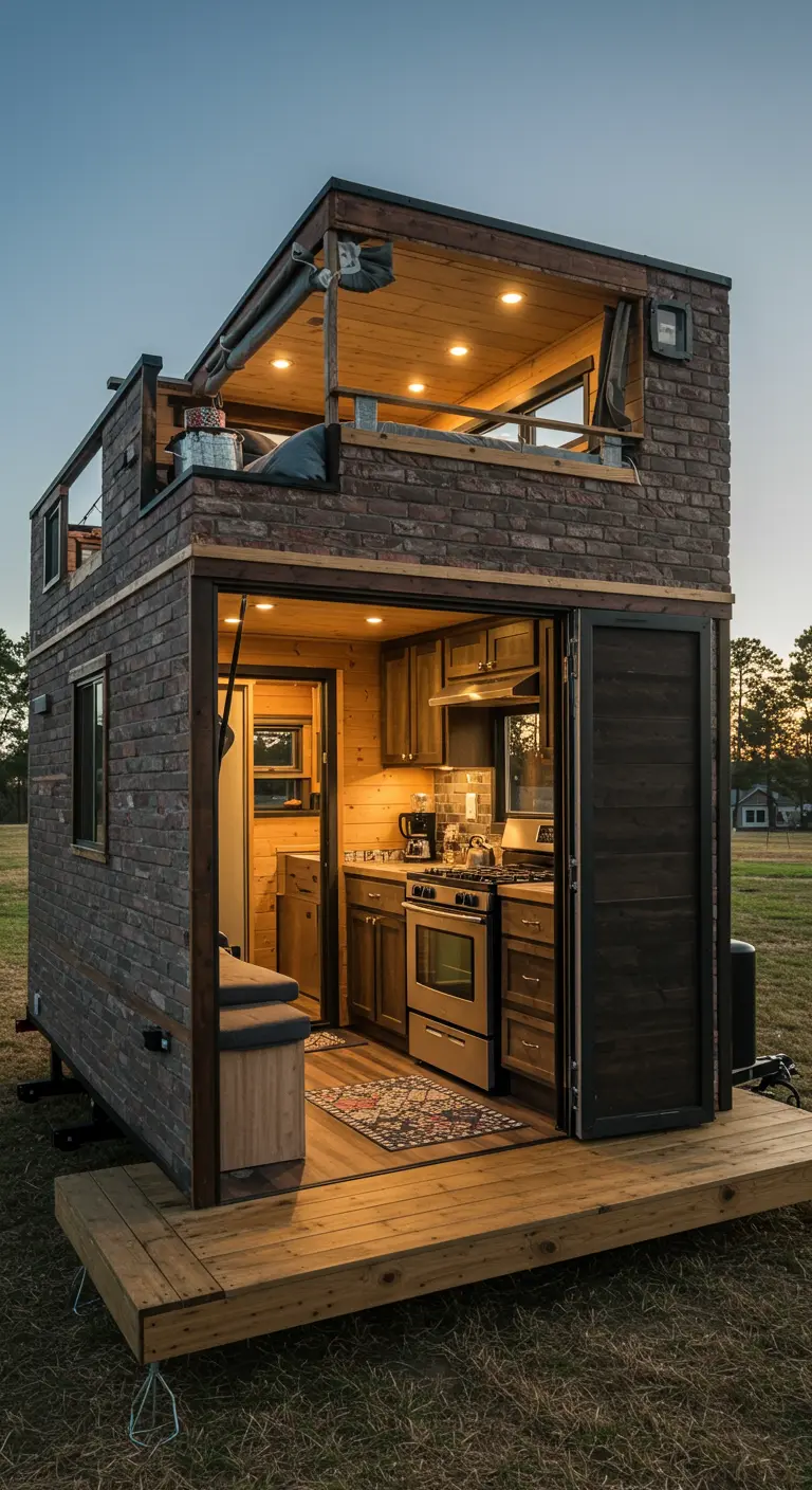 A two-story tiny home with a brick exterior and a small rooftop deck.