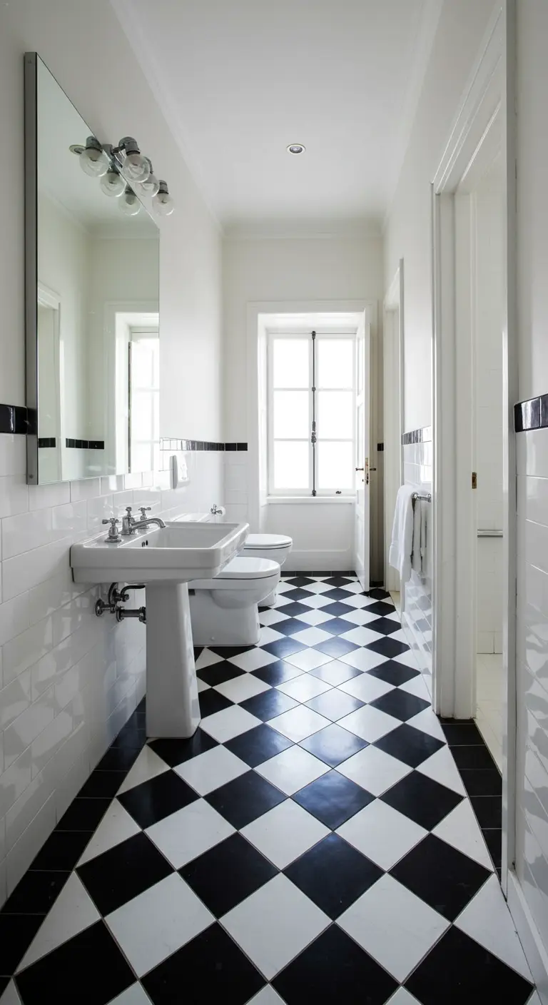 Long bathroom with a black and white checkerboard floor laid on a diagonal.