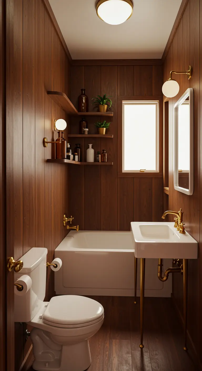 Narrow bathroom with warm wood paneling and corner shelves.