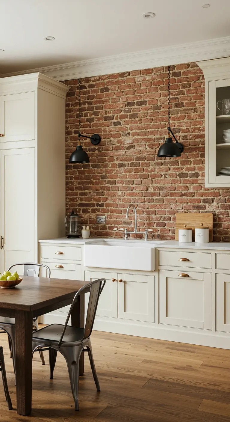Kitchen with cream cabinets, an exposed brick wall, and black metal accents.