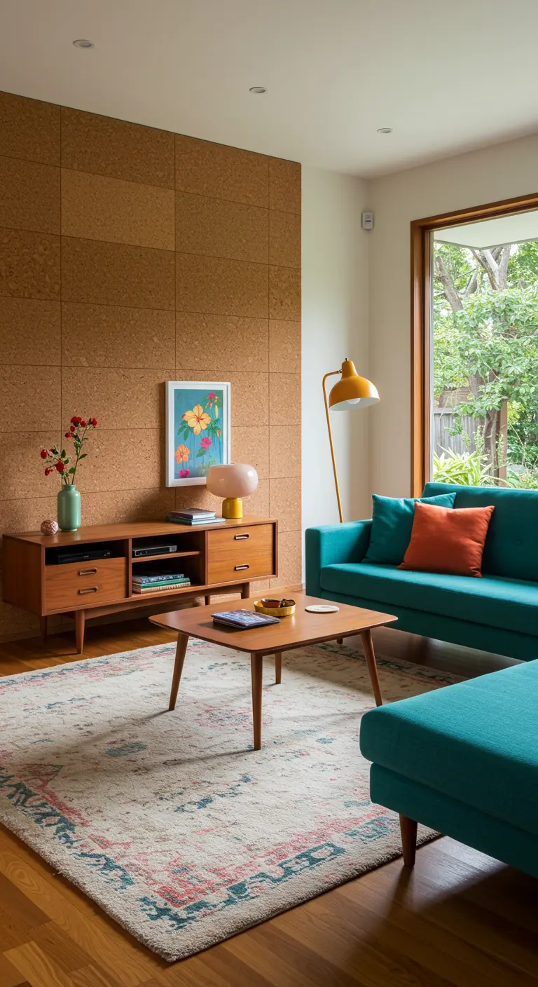 Living room with a cork accent wall behind a mid-century modern credenza and a teal sofa.