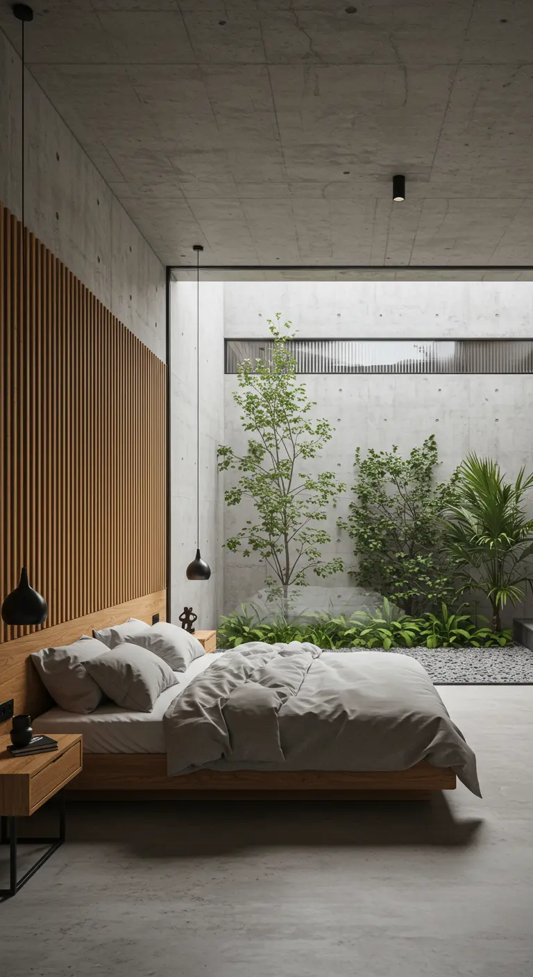 Minimalist bedroom with a wood slat accent wall behind a low bed, facing a courtyard.