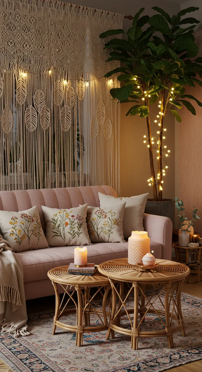 A cozy living room with a pink sofa, macrame wall hanging, and fairy lights wrapped around a plant.