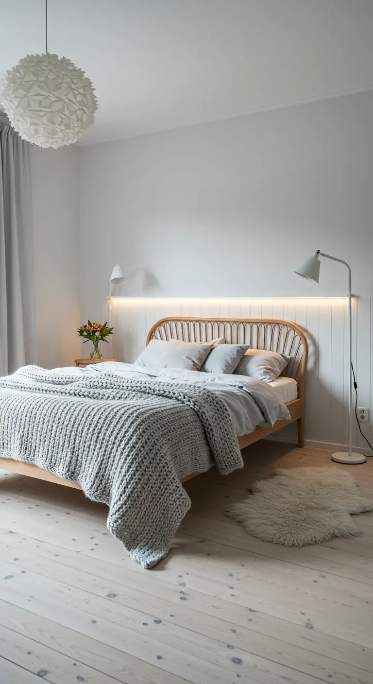 Scandinavian bedroom with a rattan headboard, backlit by a warm horizontal light.