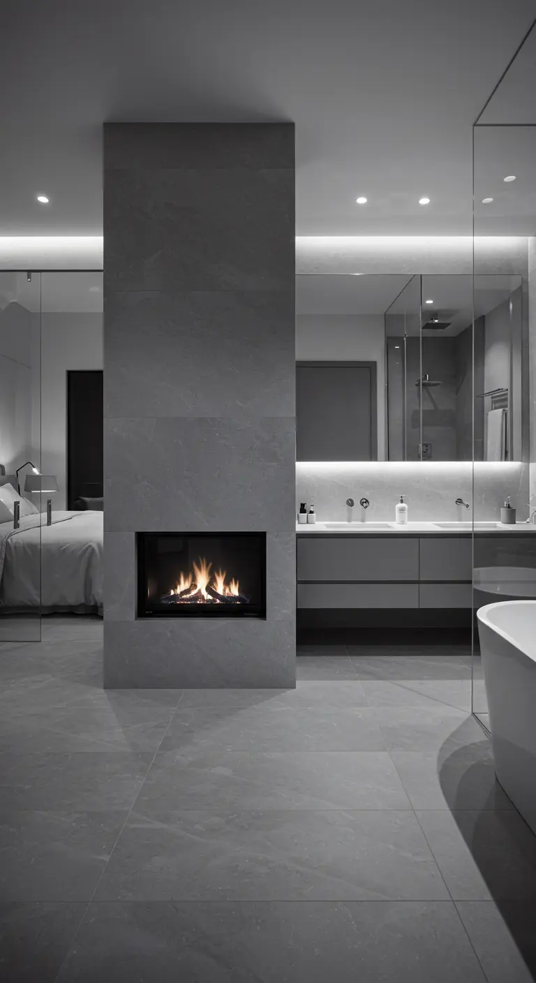A gray tiled bathroom with a double-sided fireplace connecting it to the adjacent bedroom.
