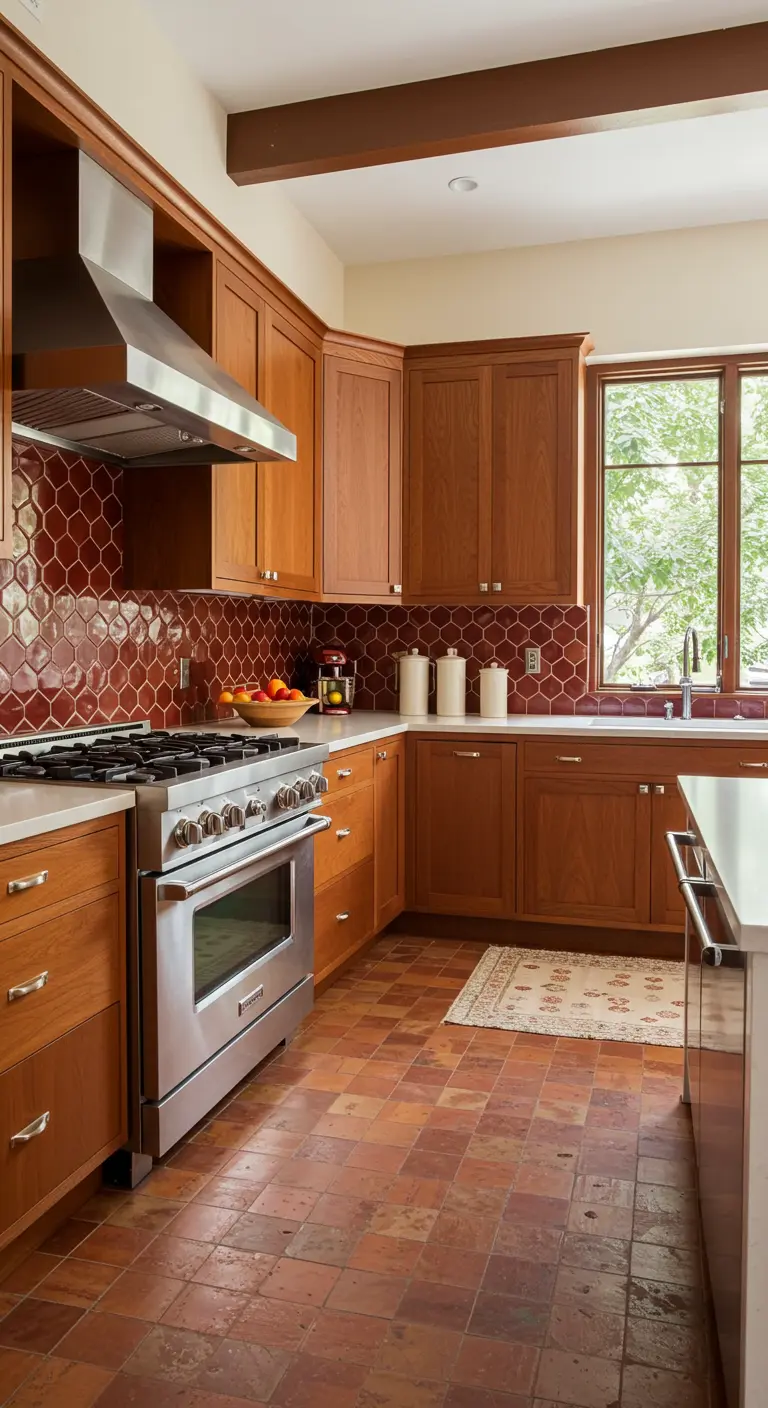 A kitchen featuring warm wood cabinets and a backsplash of red hexagonal terracotta tiles.