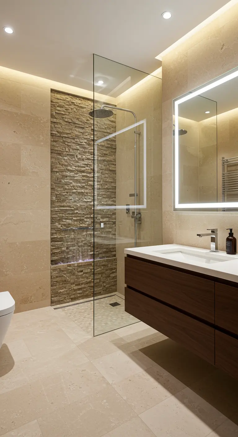Modern bathroom with a stacked stone accent wall in the shower and a dark wood floating vanity.