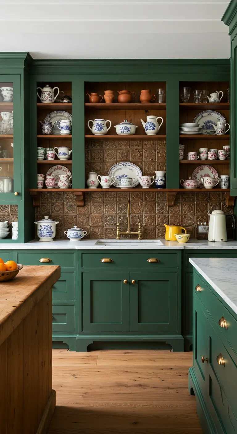 A dark green kitchen with a bronze-toned pressed tin backsplash and open shelving displaying ceramics.