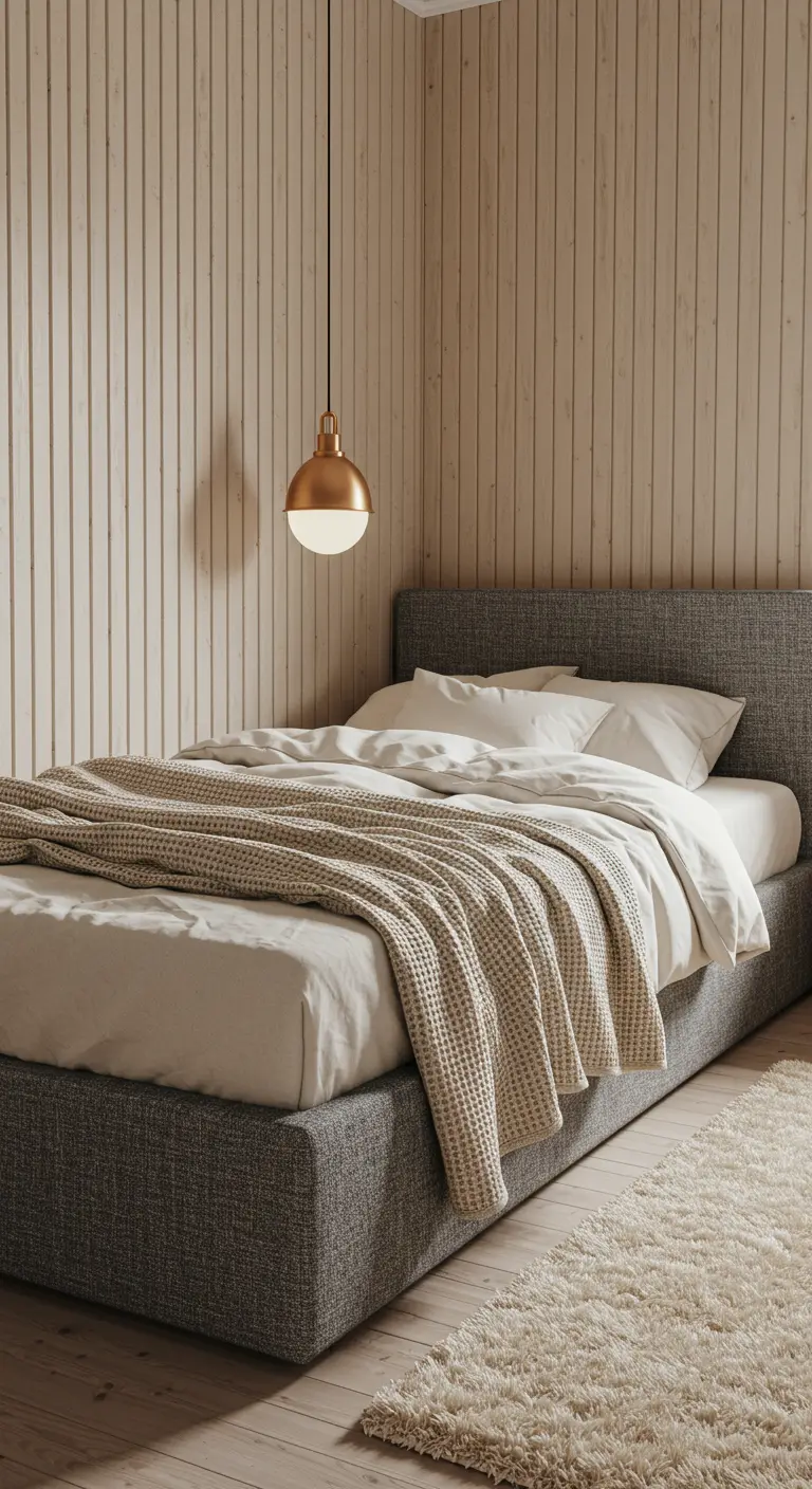 Minimalist bedroom with a vertical wood slat accent wall behind a gray upholstered bed.