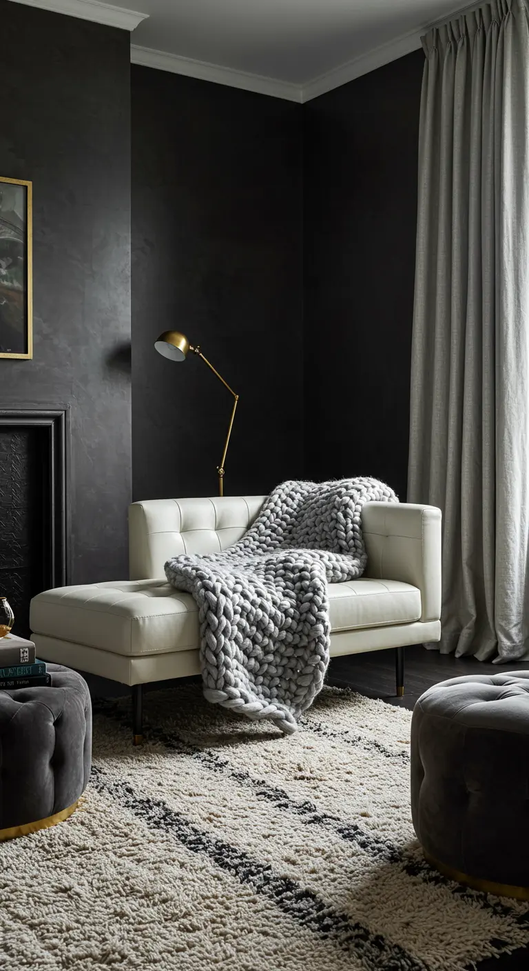 A white leather chaise covered with a large, chunky grey knit throw in a cozy, textured room.