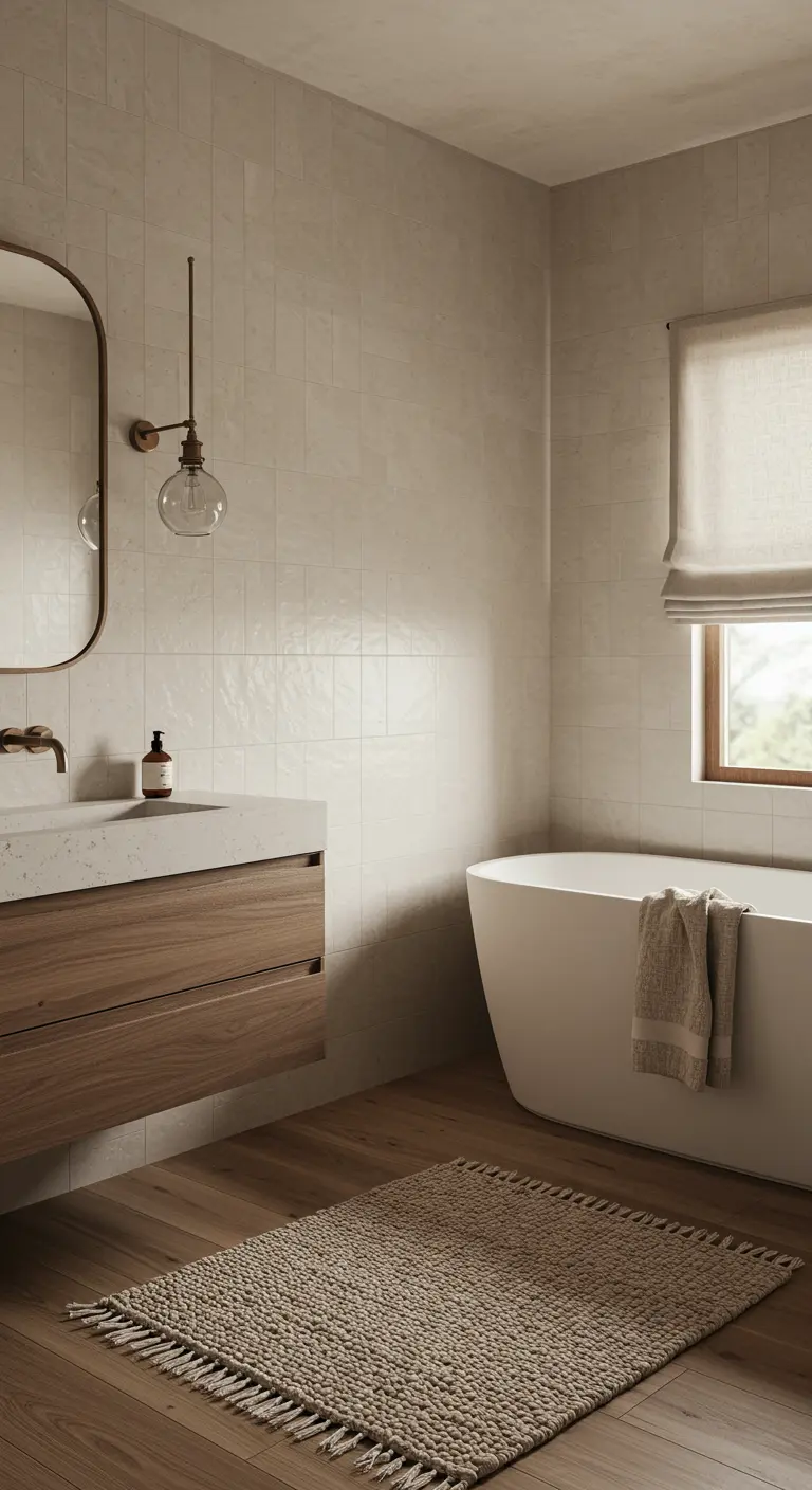 Neutral Japandi bathroom with glossy wall tiles and a jute area rug.