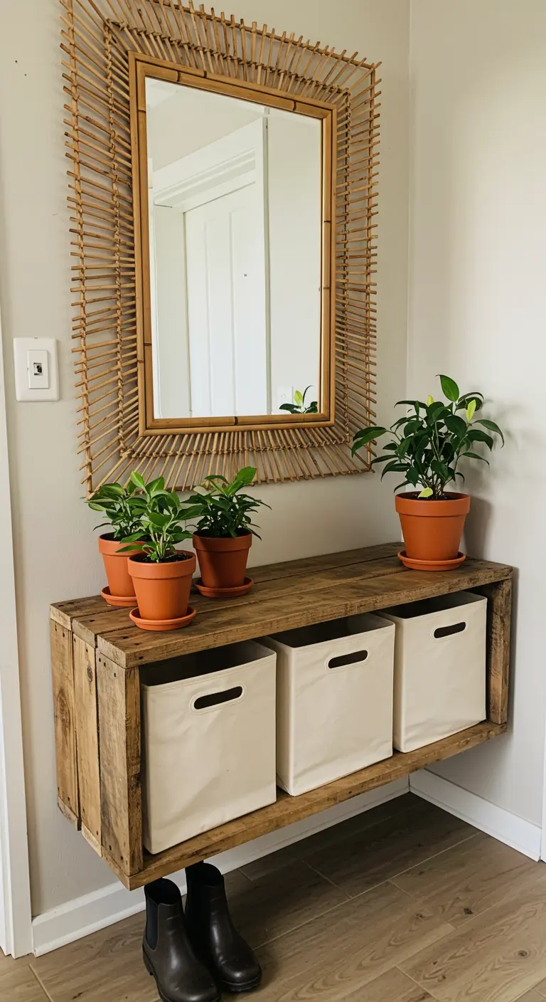 A floating console made of reclaimed wood with storage bins, below a large rattan-framed mirror.
