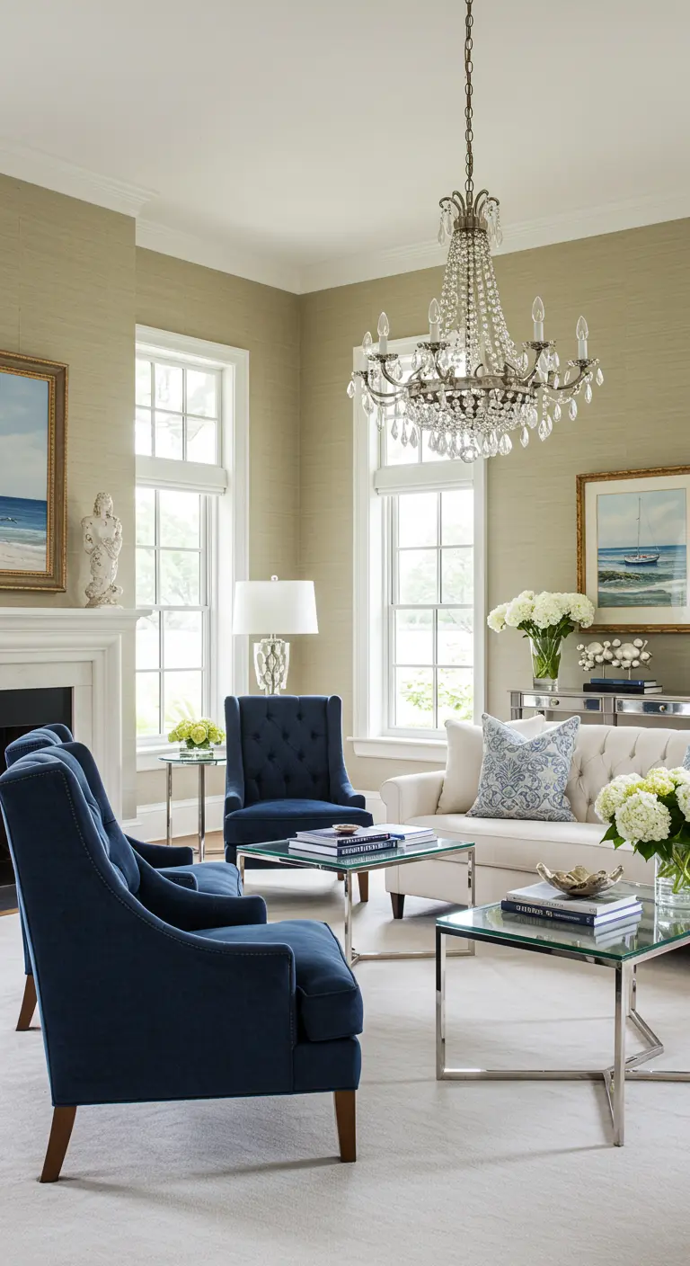 Formal living room with grasscloth wallpaper, tufted navy chairs, and a crystal chandelier.