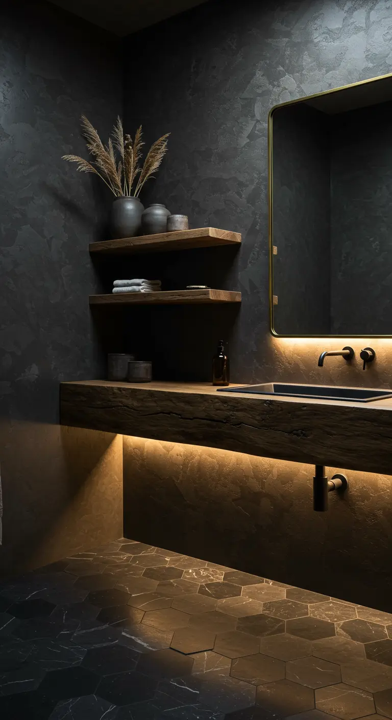 A dark bathroom with a floating wood vanity illuminated from underneath with LED lights.