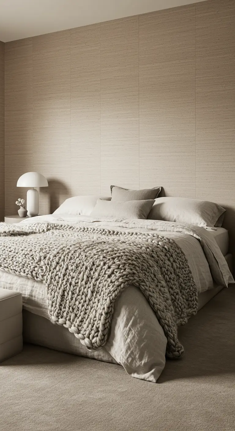 A serene bedroom with textured beige wallpaper and a thick, chunky knit blanket on the bed.