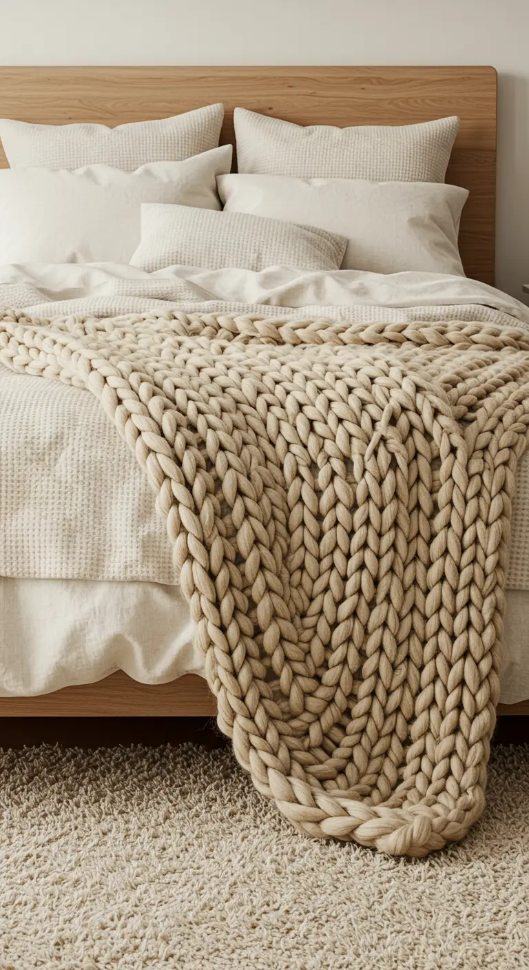 A bed with neutral bedding, featuring a large, chunky oatmeal-colored knit blanket.