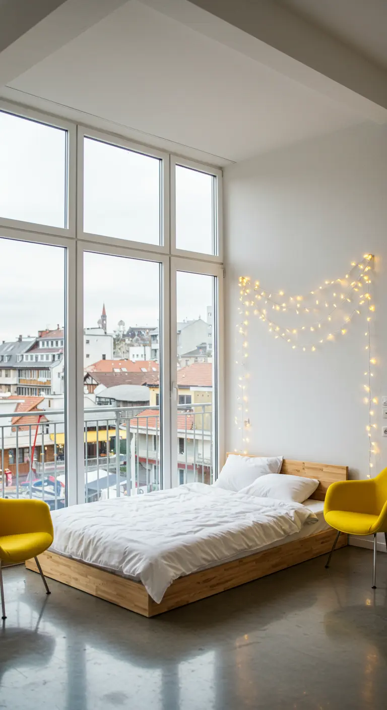A minimalist bedroom with a low wood bed, yellow chairs, and fairy lights on the wall.