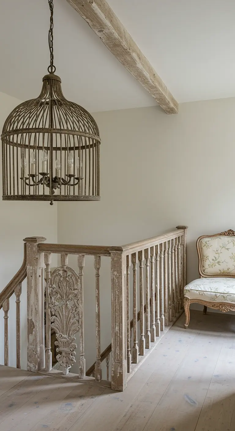 A stair landing with a birdcage chandelier and a distressed, carved wooden banister.