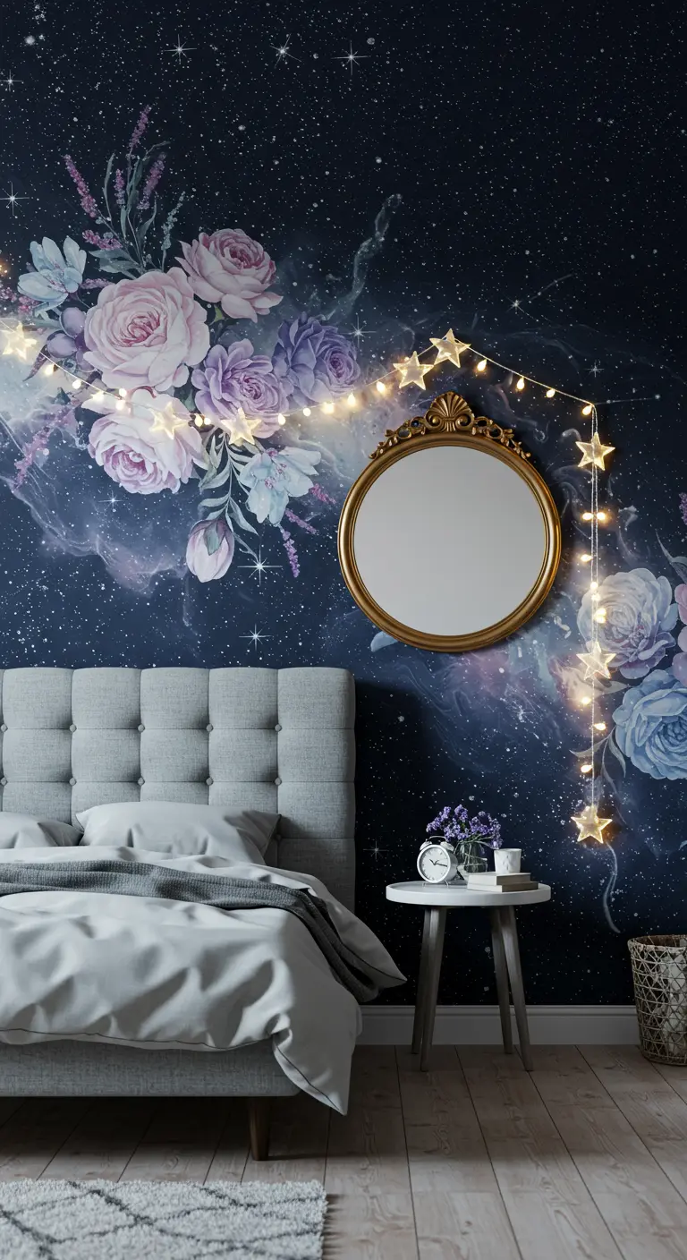 Bedroom with a celestial floral wallpaper, a gold mirror draped with star-shaped lights, and a grey bed.