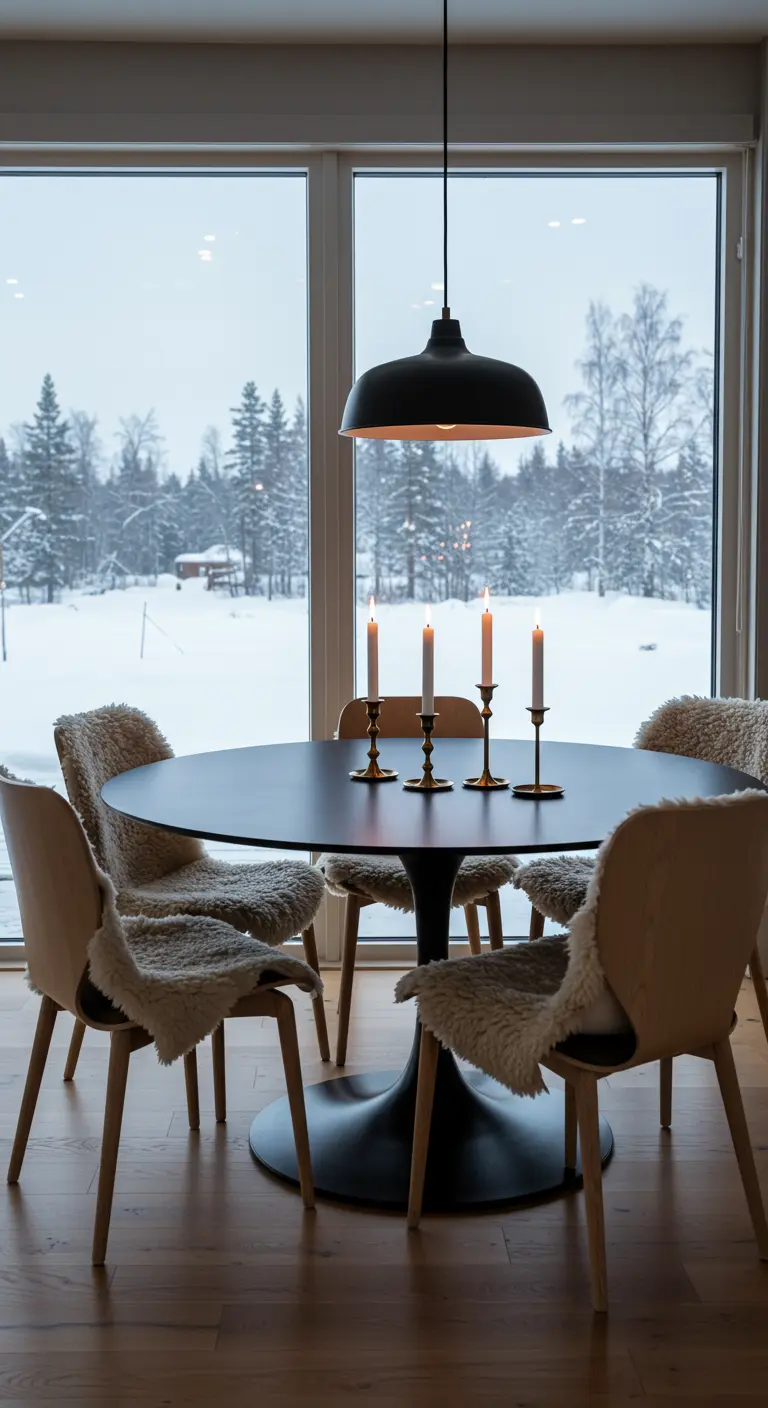 A dining table set against a snowy window, with sheepskin throws on the chairs.