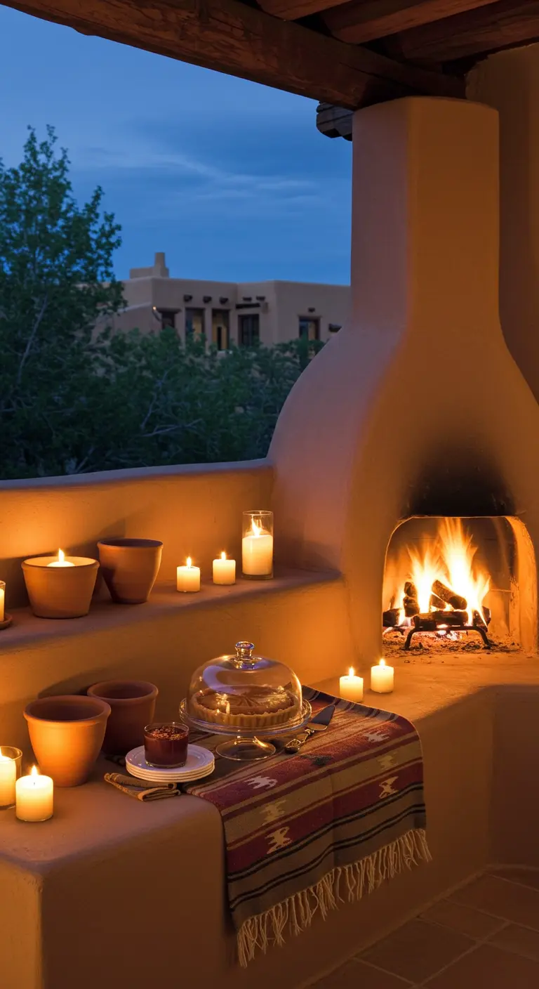 A dessert display on the ledges of an adobe fireplace with a crackling fire and terracotta pottery.