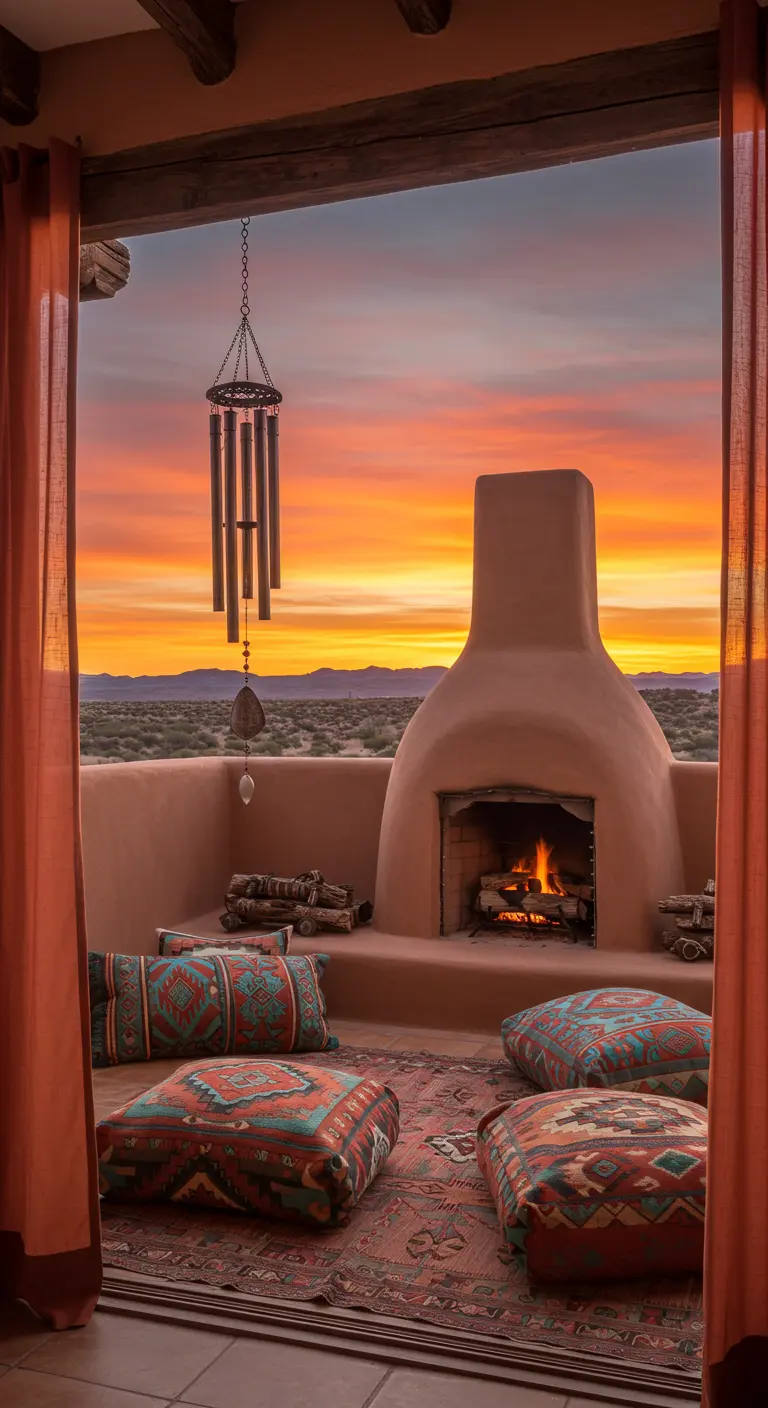 Southwestern patio with a fireplace, patterned floor cushions, and a rustic wind chime.