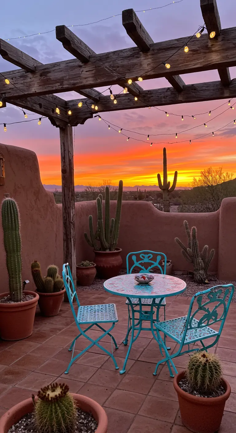 A desert patio with a turquoise bistro set, cacti, and a vibrant sunset view.