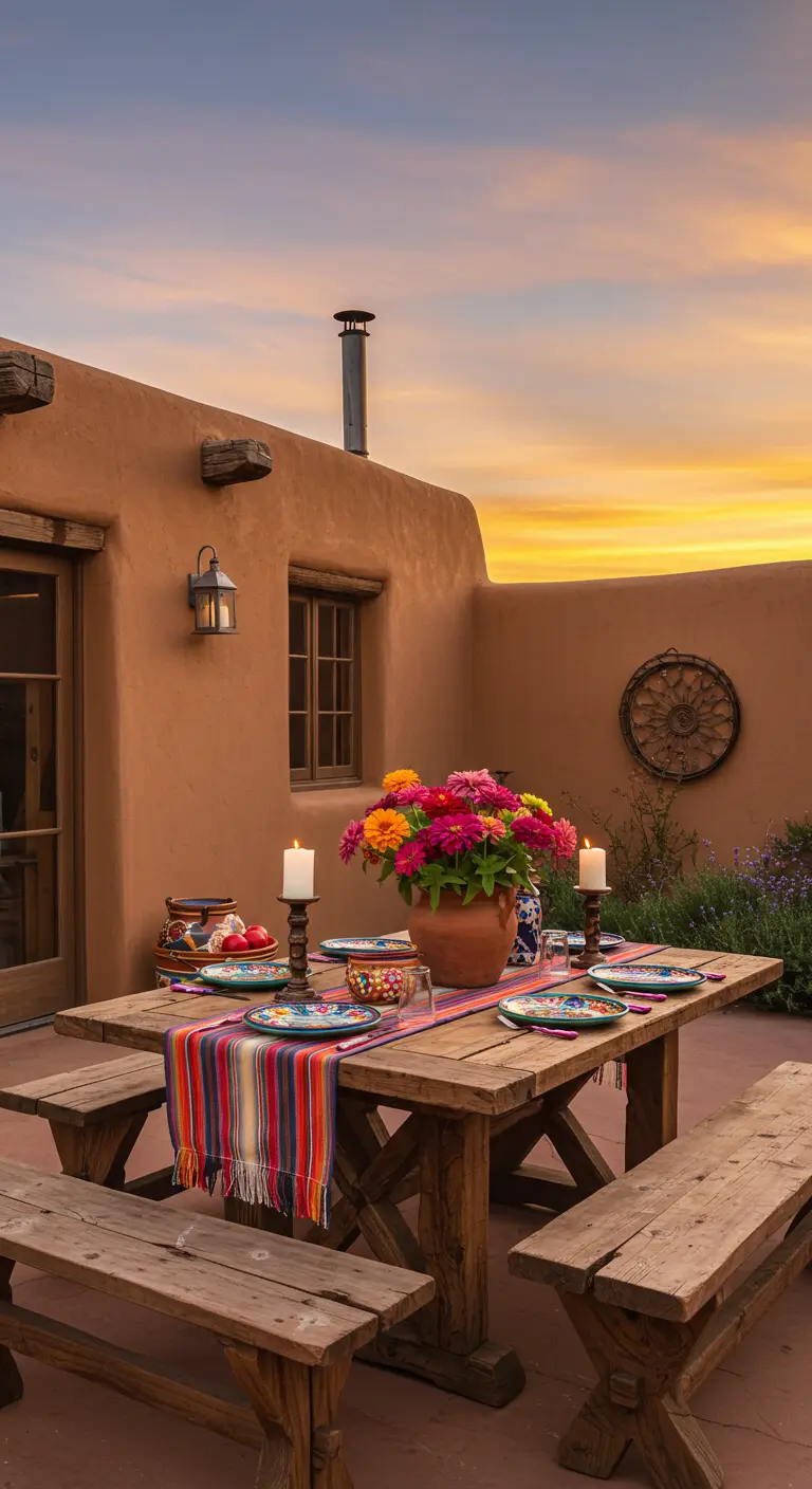 A rustic wooden table in front of an adobe house, decorated with a colorful runner and zinnias.
