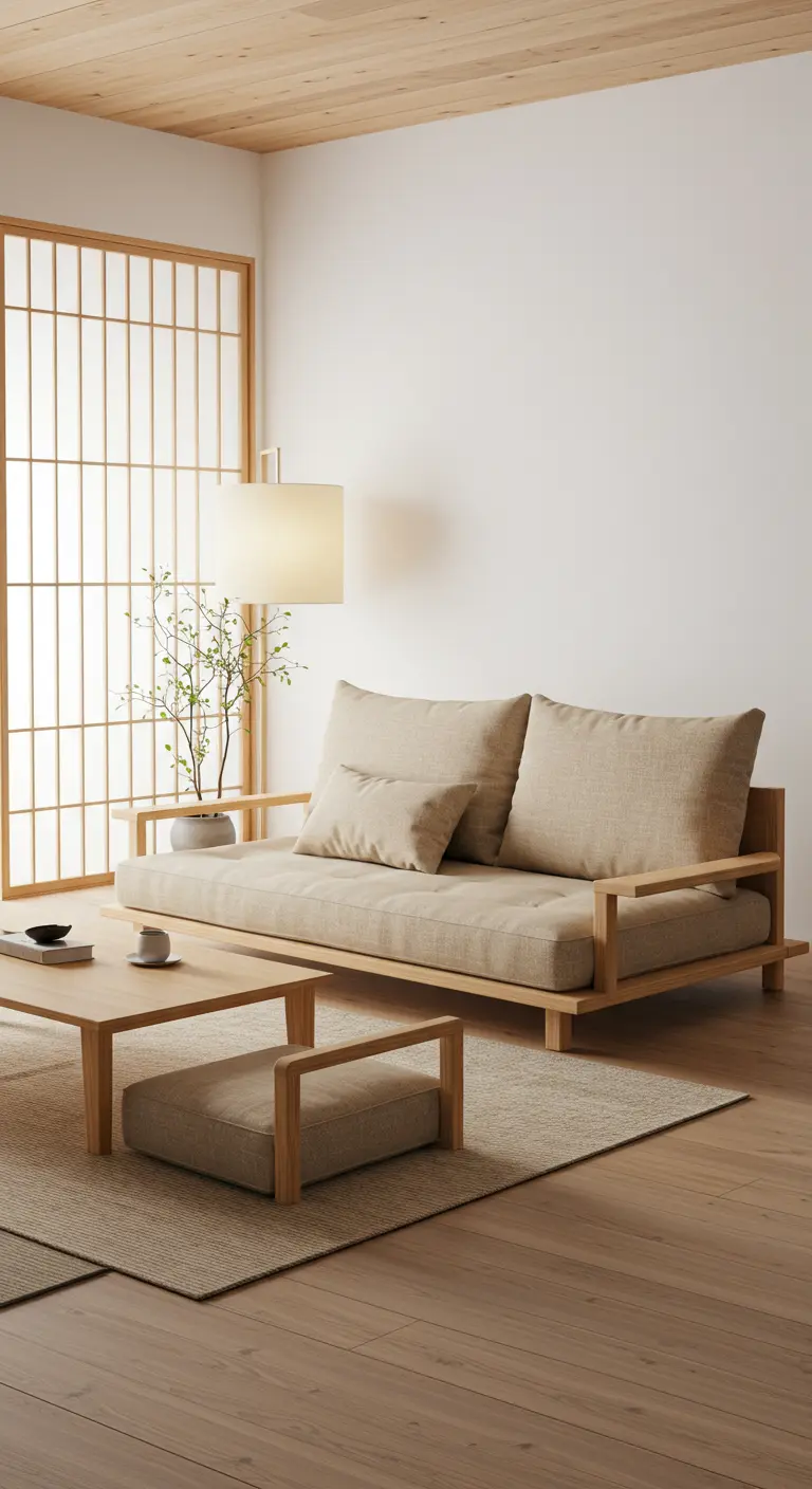 A low-profile wooden sofa and coffee table with a floor cushion in a Japandi-style room.