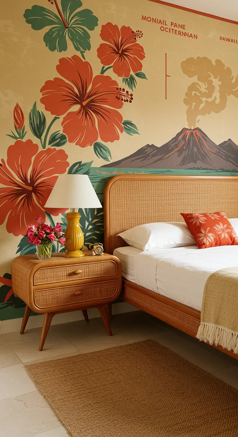 Bedroom featuring a vintage-style mural of hibiscus flowers and a volcano.