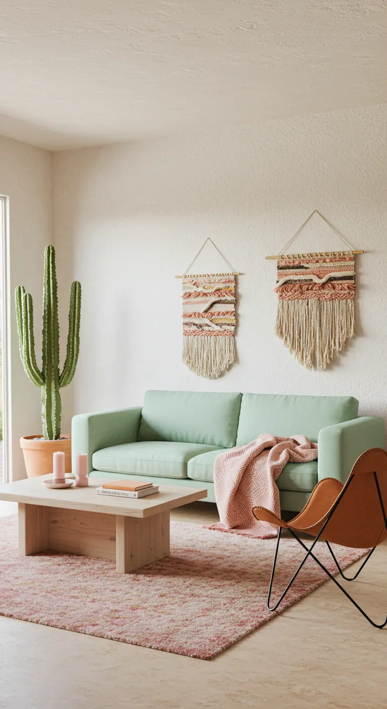 A desert-modern living room with a mint sofa, pink rug, and a large cactus in a terracotta pot.