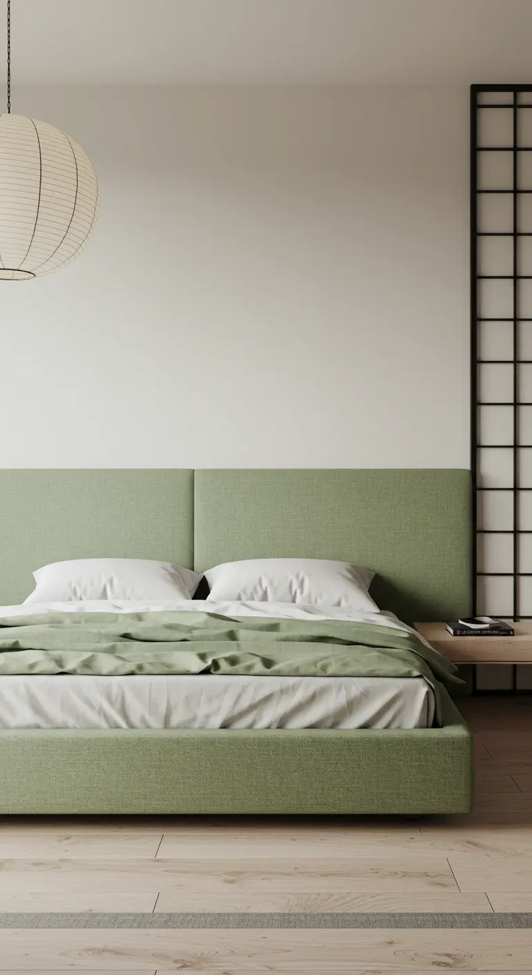 A minimalist bedroom with a sage green upholstered bed and a Japanese-style screen.