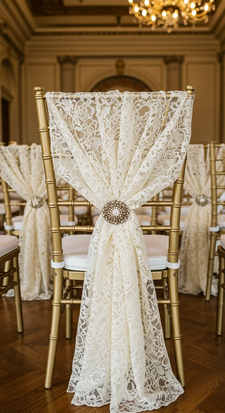 A gold chiavari chair elegantly draped with lace and secured with a large, ornate pearl brooch.