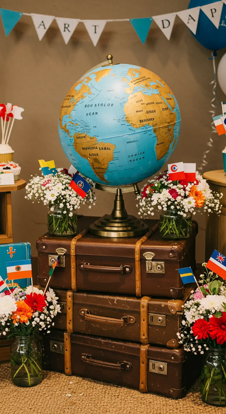 A vintage globe sits atop a stack of old suitcases, surrounded by flowers and flags.