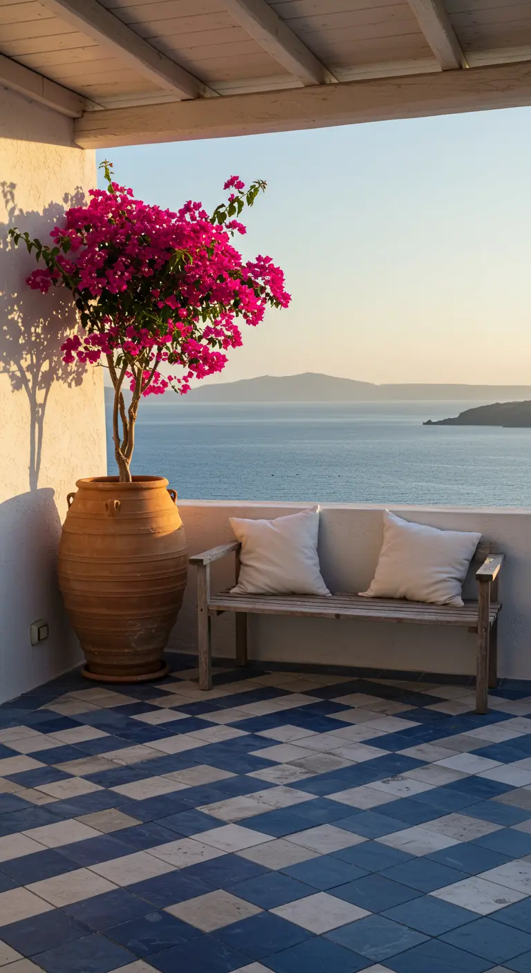 Balcony with blue and white checkerboard tiles, a terracotta pot with a bougainvillea, and a sea view.