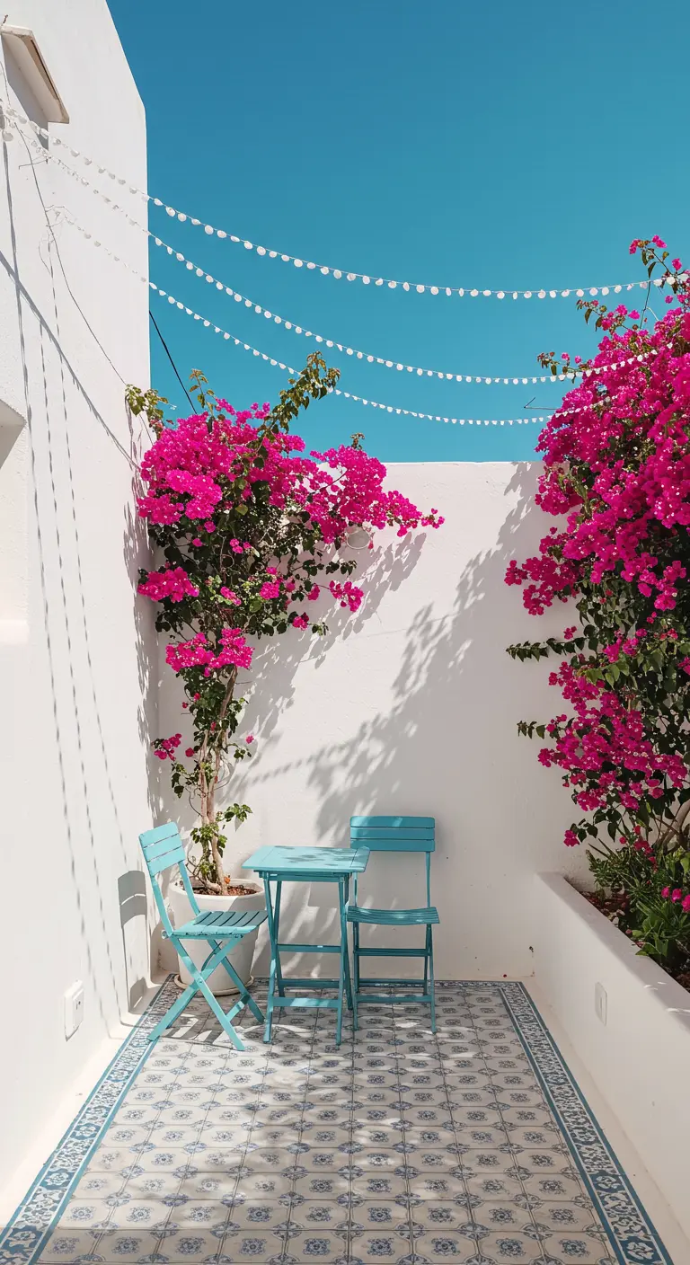 A bright Mediterranean patio with a blue bistro set, bougainvillea, and patterned tile floor.