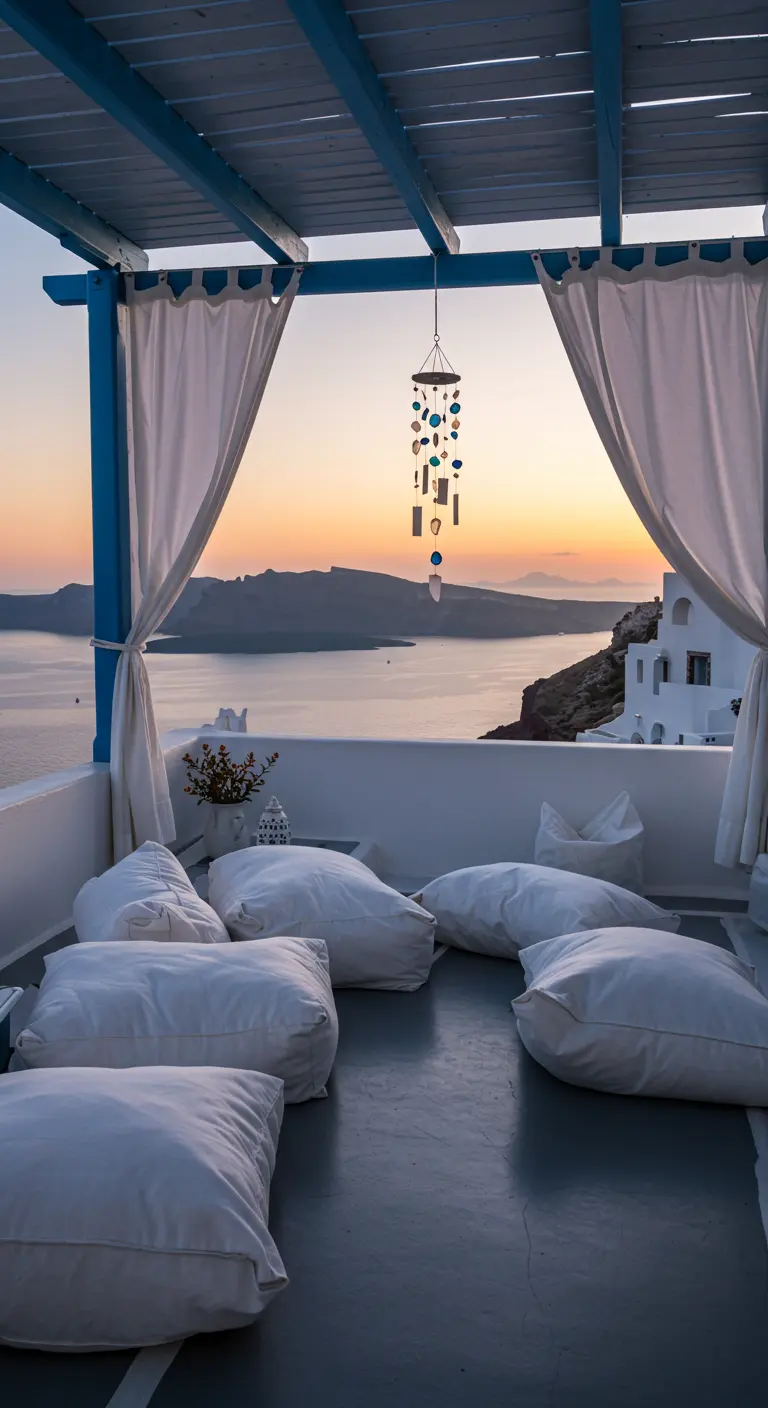 White balcony with floor pillows and a sea-glass wind chime overlooking the ocean.