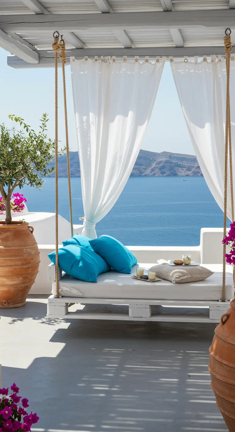 Whitewashed pallet swing with bright blue cushions overlooking the ocean.