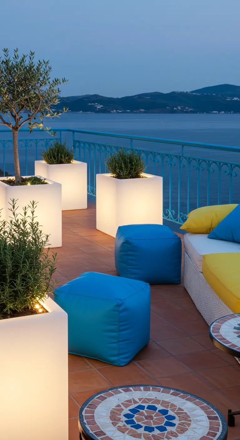A coastal terrace with blue poufs, yellow cushions, and glowing white planters with olive trees.