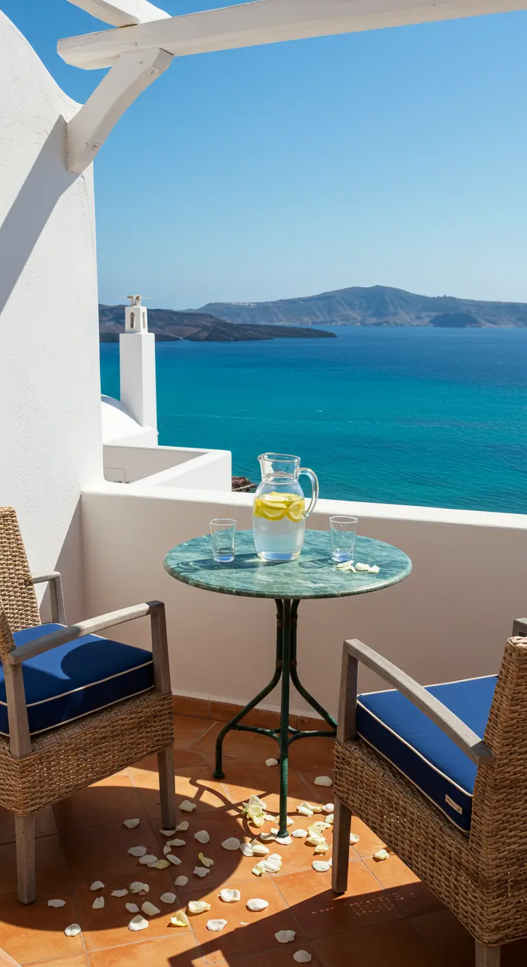 A green marble table on a balcony overlooking the Mediterranean Sea, with wicker chairs.