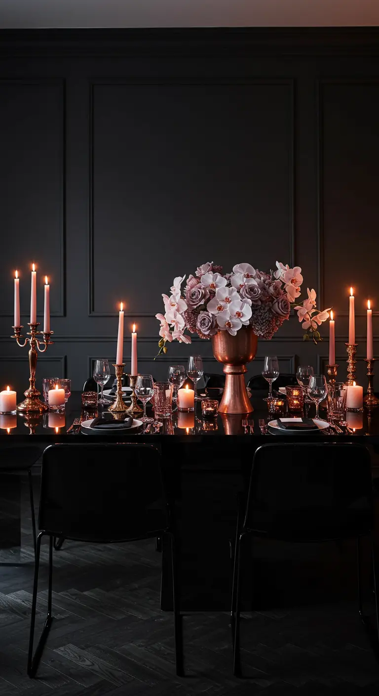 Moody, candlelit table with black walls, a copper vase of orchids, and brass candelabras.