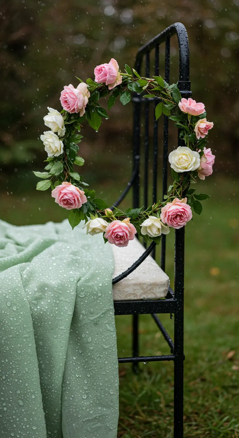 A black daybed in the rain, with a wreath of pink and white roses covered in water droplets.