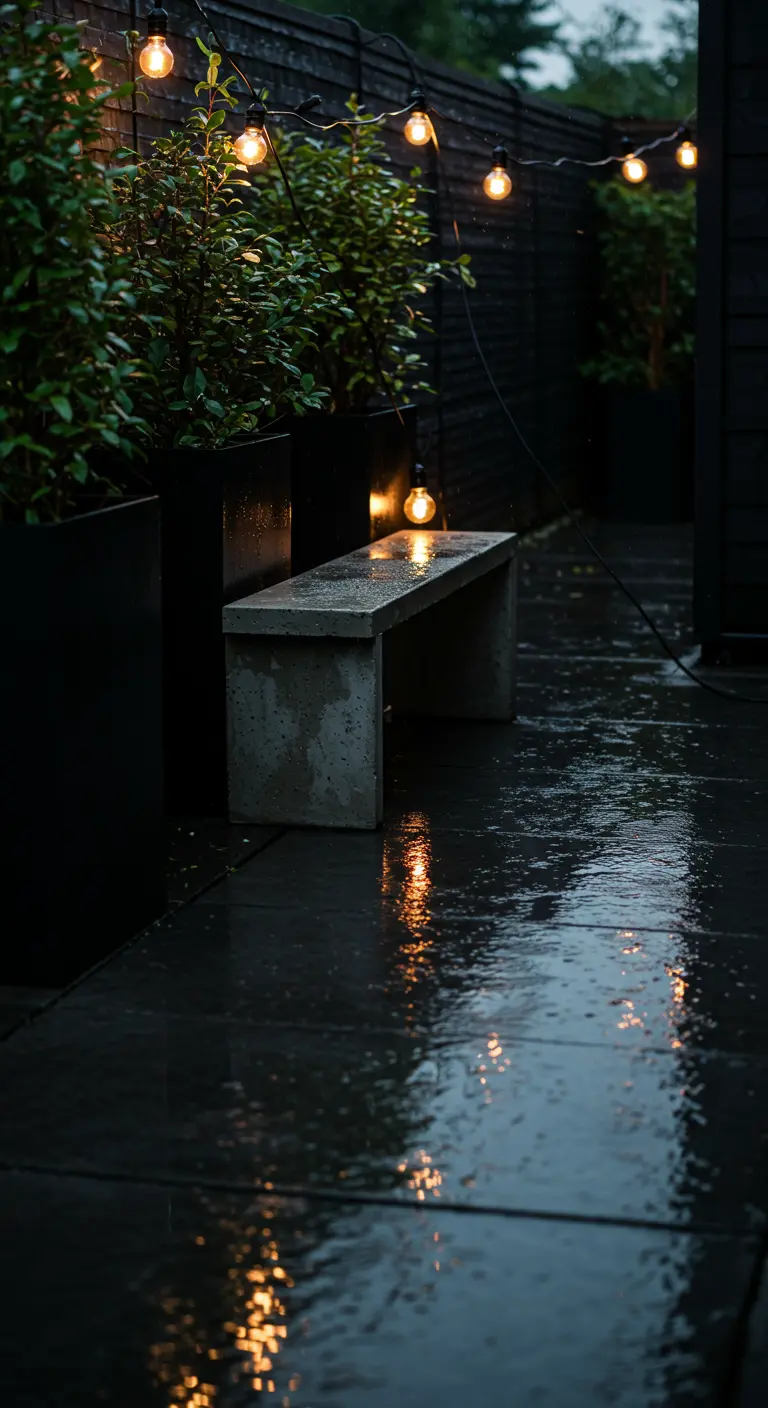 A wet patio at night, with a concrete bench and string lights reflecting on the dark ground.