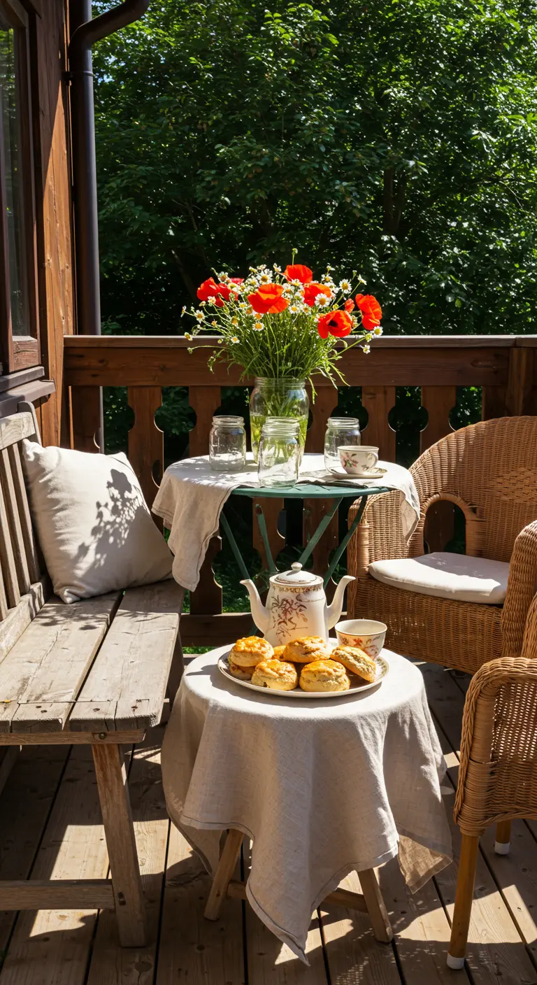 A balcony set for tea, with linen-draped tables, a wicker chair, and a bright bouquet of red poppies.