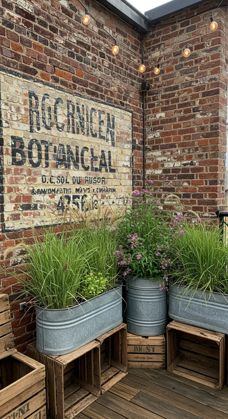 A rustic brick wall with a faded, painted-on botanical sign and galvanized trough planters.