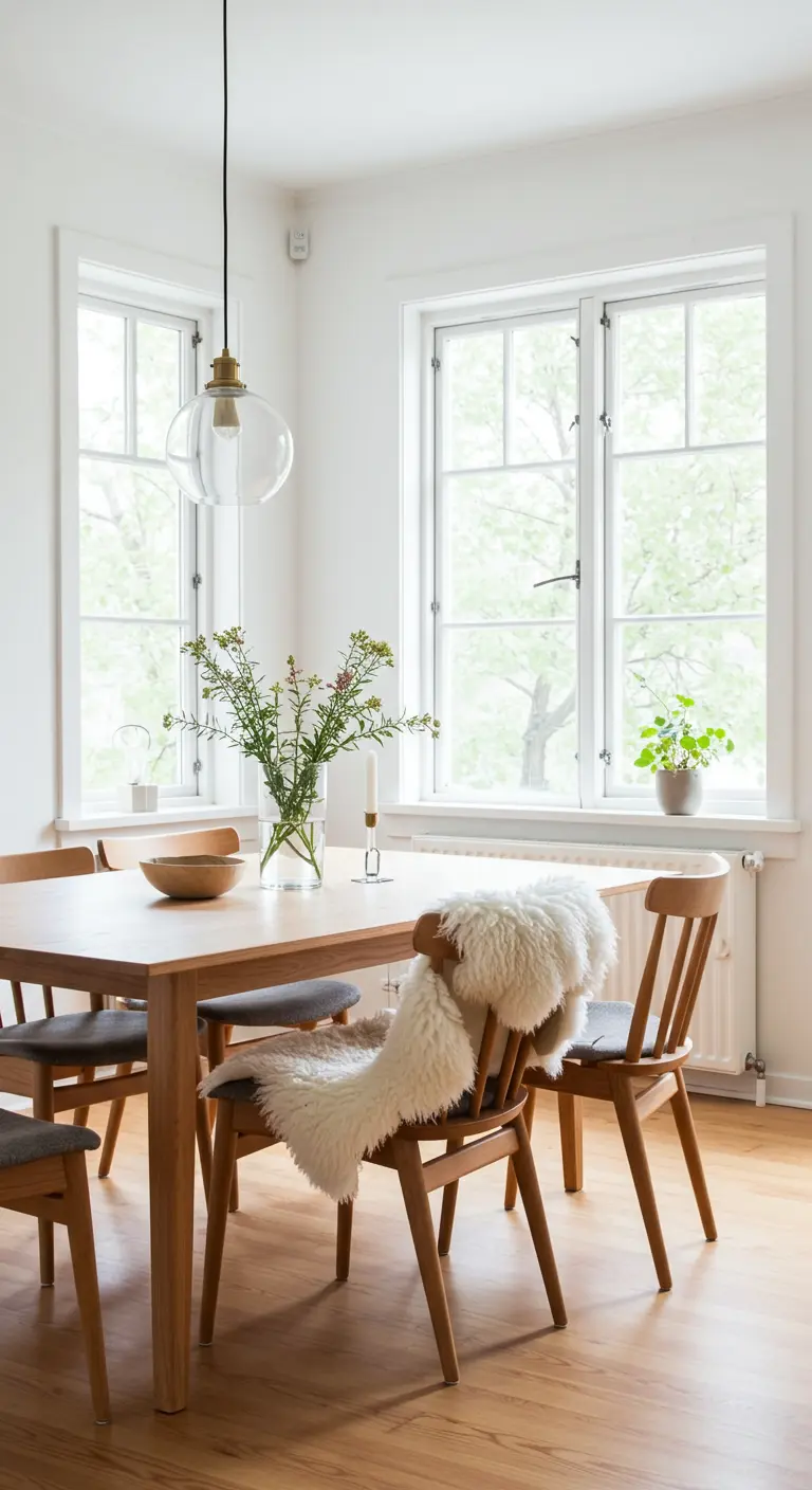 Light oak dining table with wooden chairs, one with a white sheepskin, under a clear glass globe pendant light.