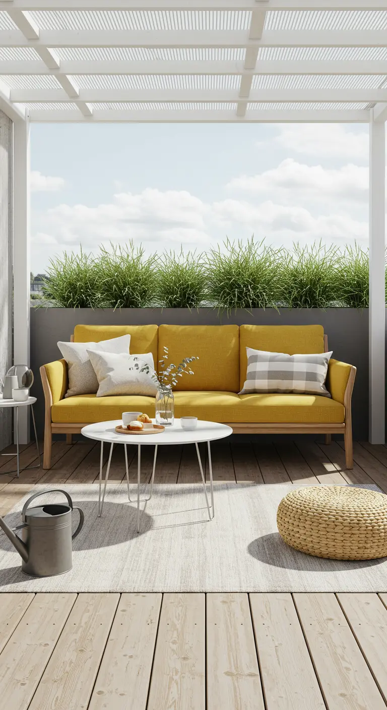 A mustard sofa on a light wood balcony with a white pergola and ornamental grasses.