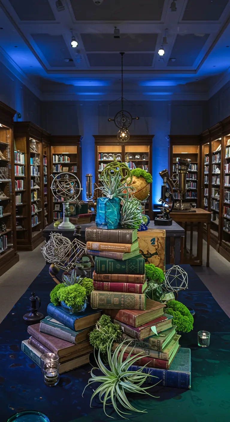 Dark library with blue lighting, book stacks, air plants, globes, and scientific instruments.