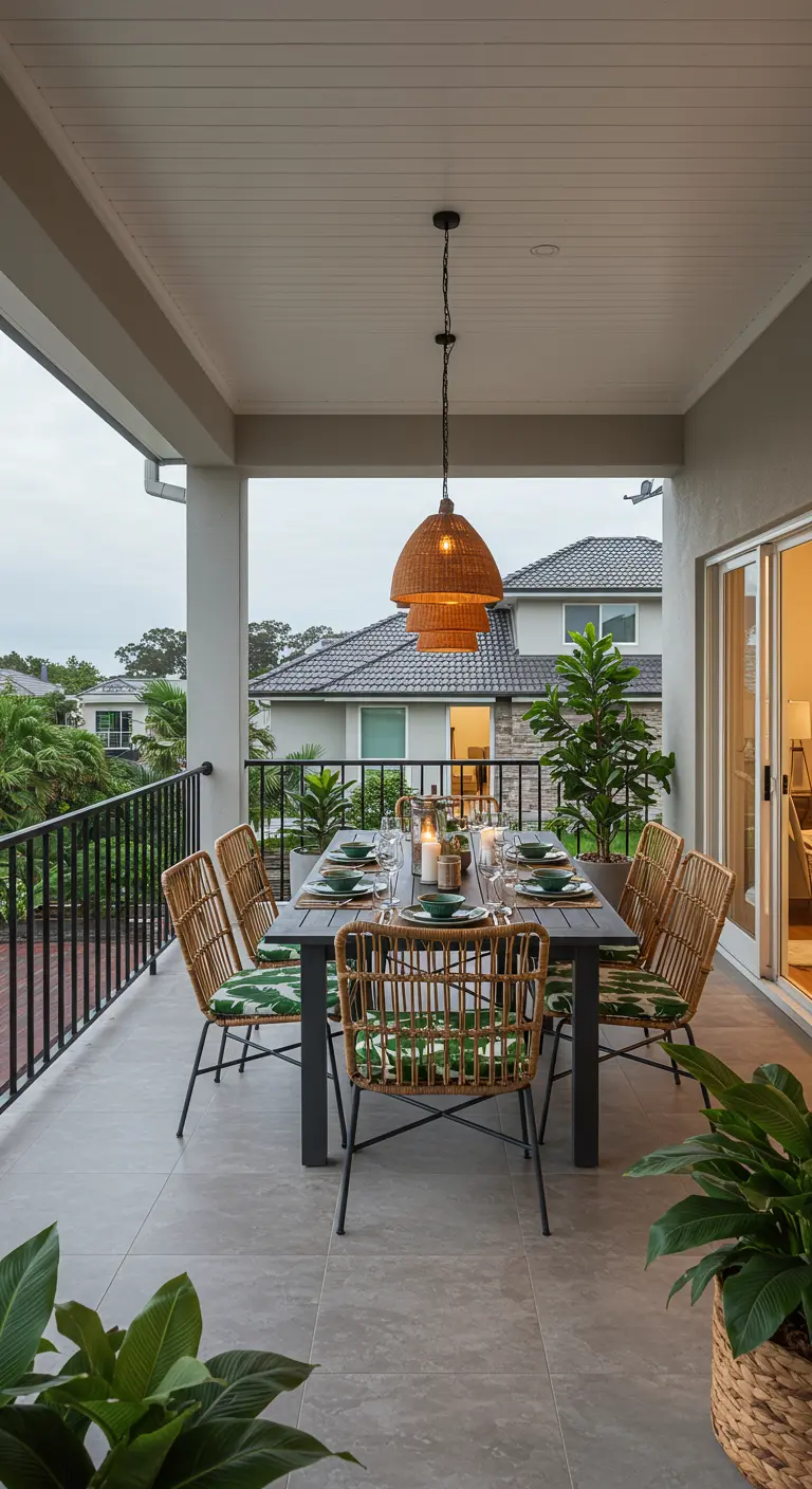 An outdoor dining table with rattan chairs and a large pendant light.